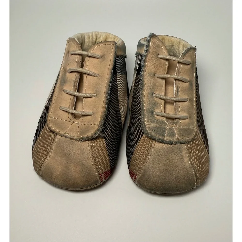 Burberry Crib Shoes Kids Size 17 EU us 2 Beige Fair Classic Check Leather Canvas